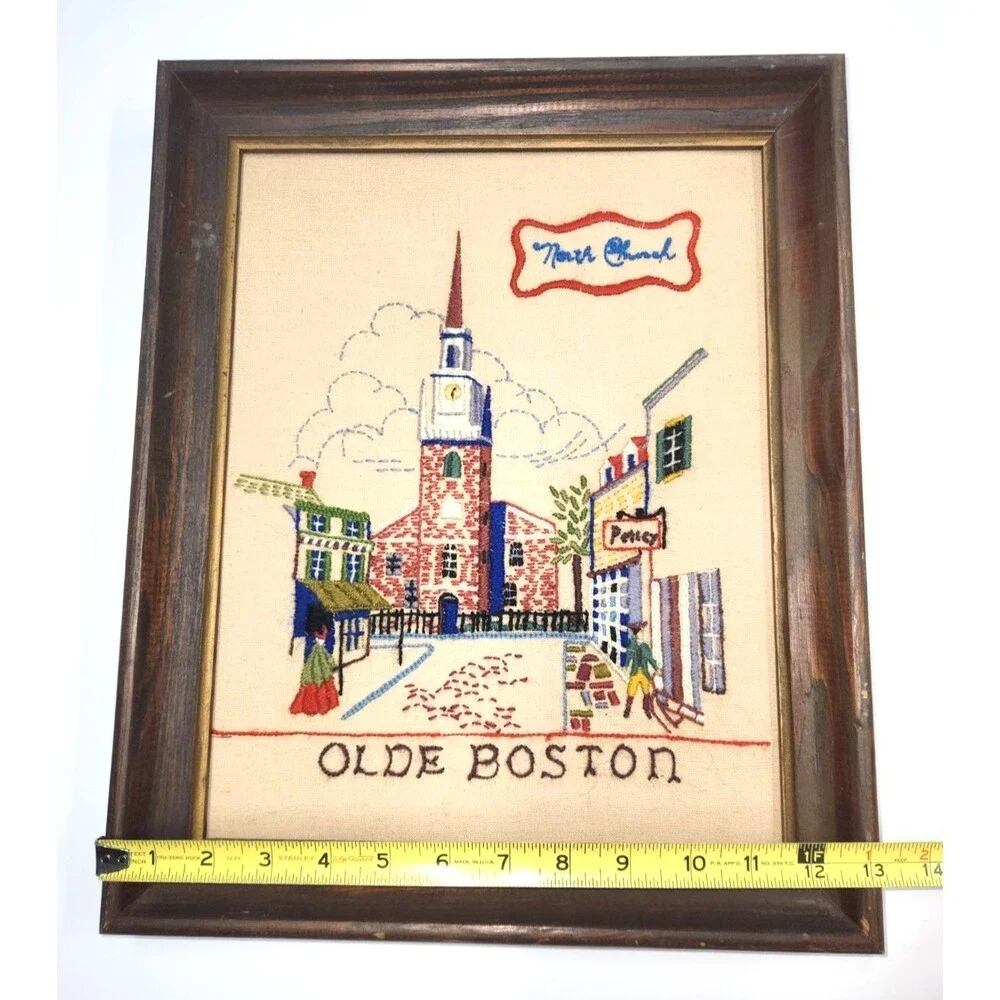 Olde Boston Old North Church Framed Needlepoint from 1969 Crewel 13 x 16